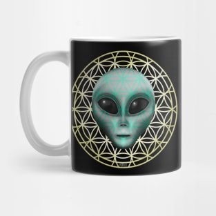 Grey Xenomorph Alien being on Flower of Life Symbol Mug